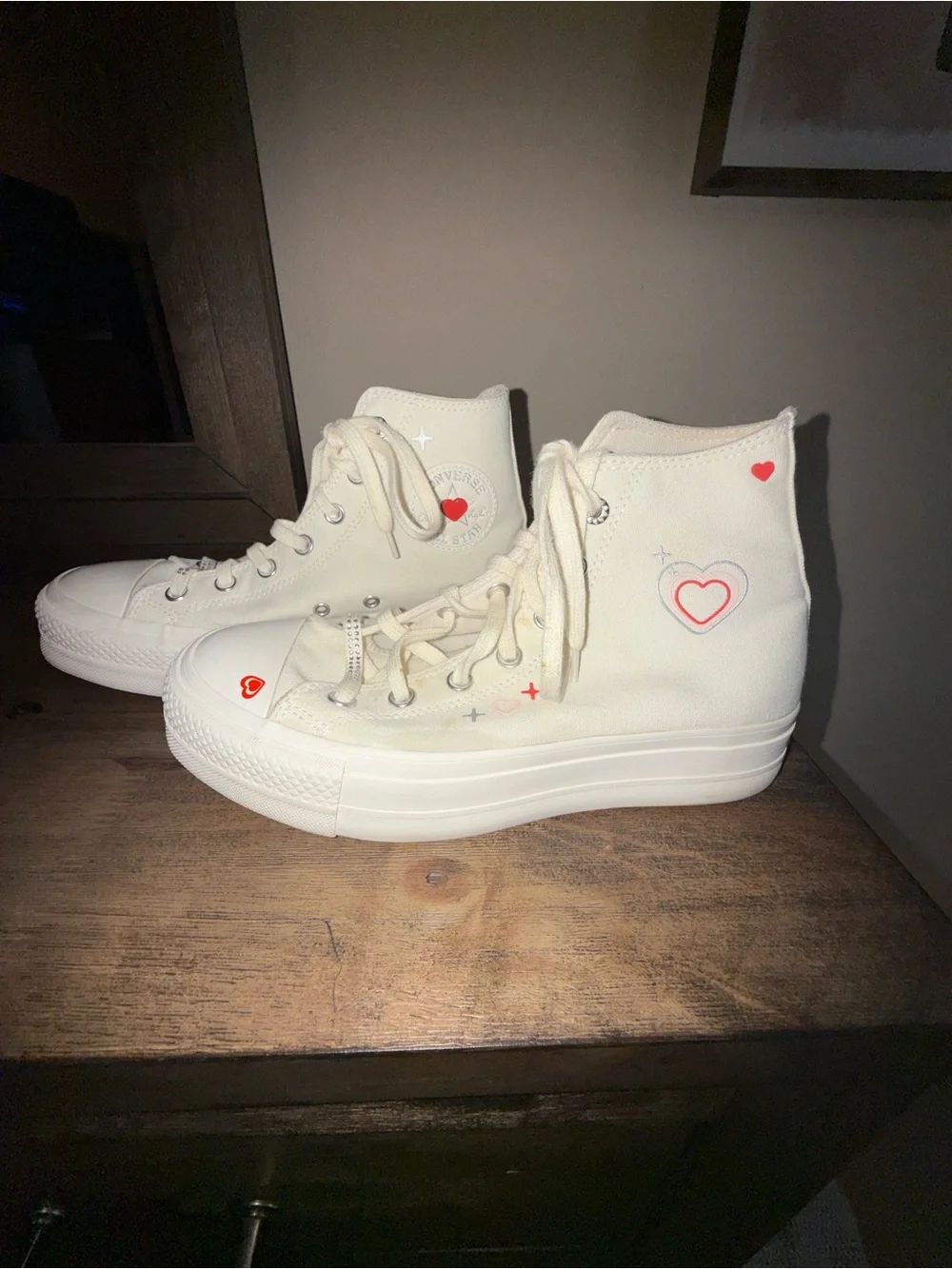 Converse White High Top Sneakers with Pink Heart Accents